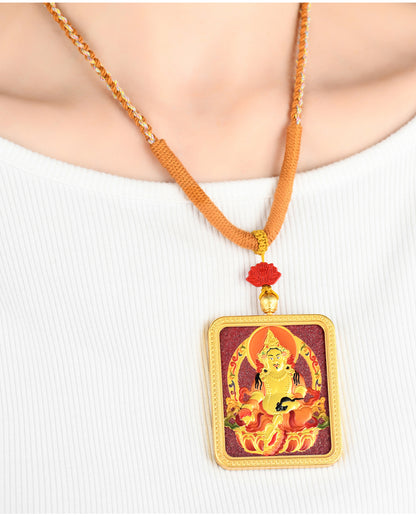 Purple Gold Cinnabar Yellow God of Wealth Thangka Pendant with Hand-Woven Rope Necklace
