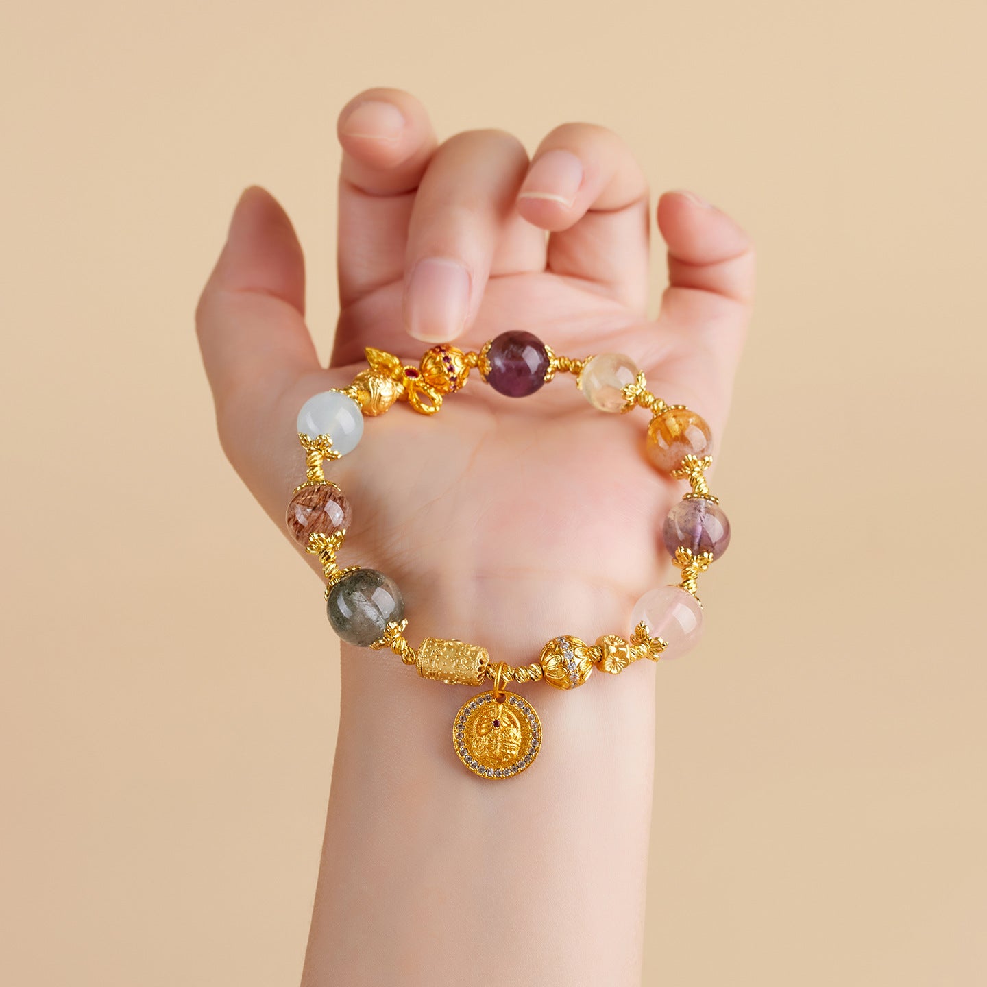 Natural Crystal Multi-Gem Bracelet with Amethyst & Aquamarine | Feng Shui Protection