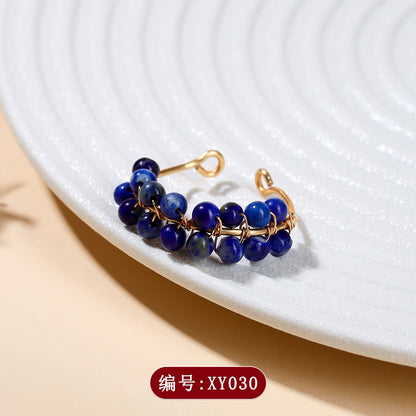 Handmade Crystal Agate Ring with Yellow Rutilated Quartz and Moonstone - Open Wire Wrapped Design for Wealth and Protection