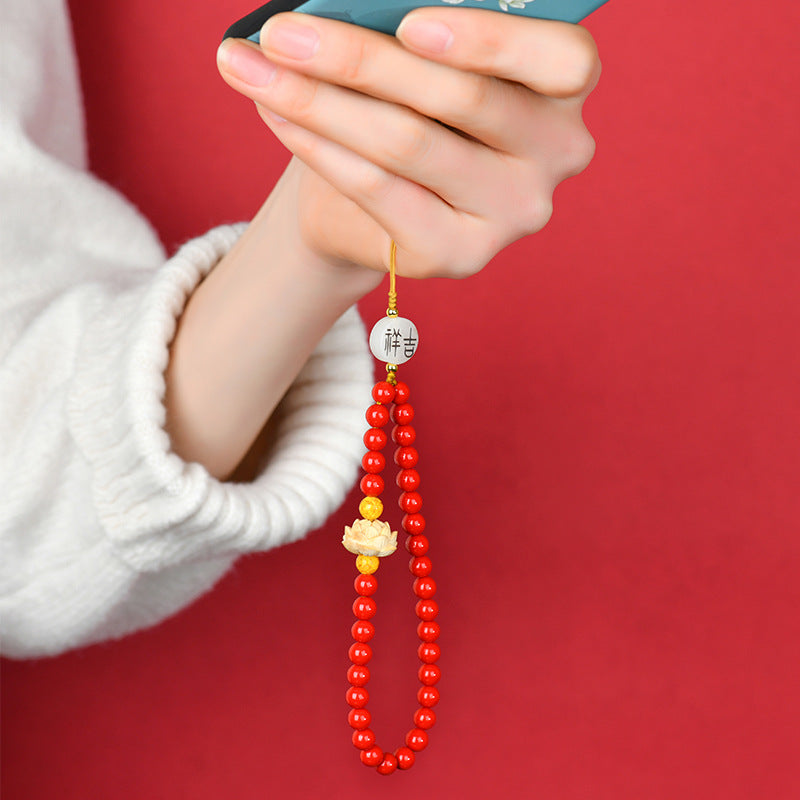 Natural Imperial Red Sand Cinnabar Bead Chain - Phone Pendant & Keychain for Protection and Luck