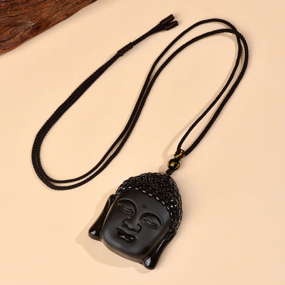 Natural Matte Obsidian Shakyamuni Buddha Head Pendant - Spiritual Protection Amulet