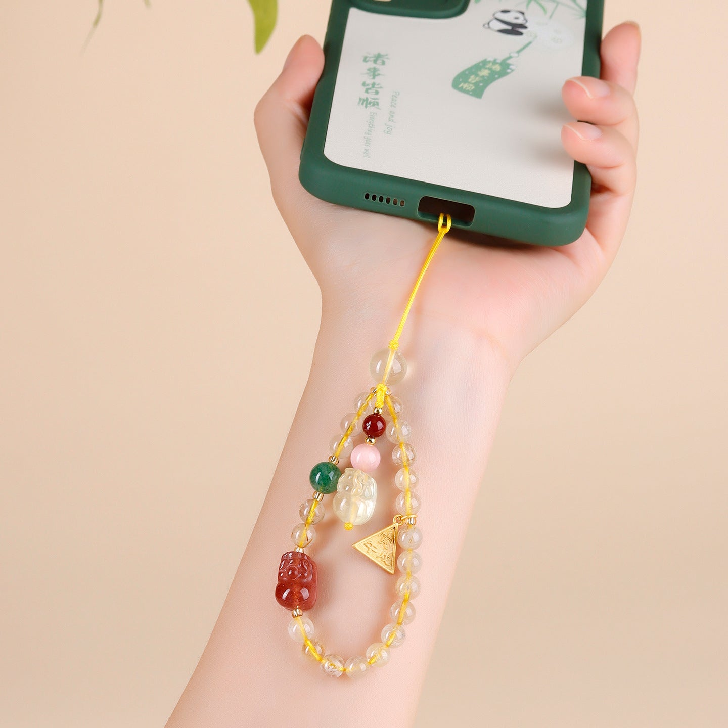 Twelve Zodiac Three-in-One Pixiu Phone Chain with Natural Yellow Rutilated Quartz Crystal Pendant