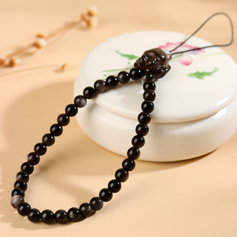 Mystical Silver Obsidian Tea Crystal Nine-Tailed Fox Charm for Protection and Good Fortune