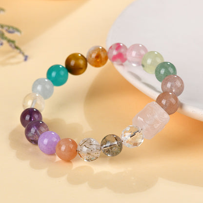 Natural Crystal Multi-Gem Rose Quartz Phoenix Peony Bracelet - Black Gold Super Seven Energy Talisman