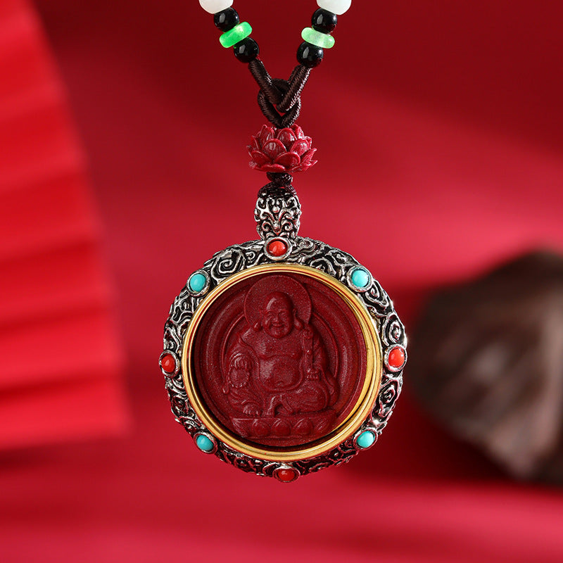 Tibetan Style Cinnabar Rotating Thangka Necklace with Buddha Pendant – Spiritual Protection Jewelry