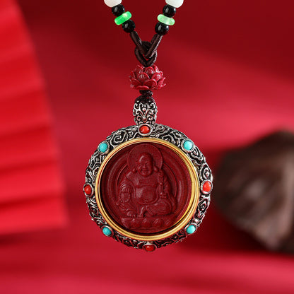 Tibetan Style Cinnabar Rotating Thangka Necklace with Buddha Pendant – Spiritual Protection Jewelry