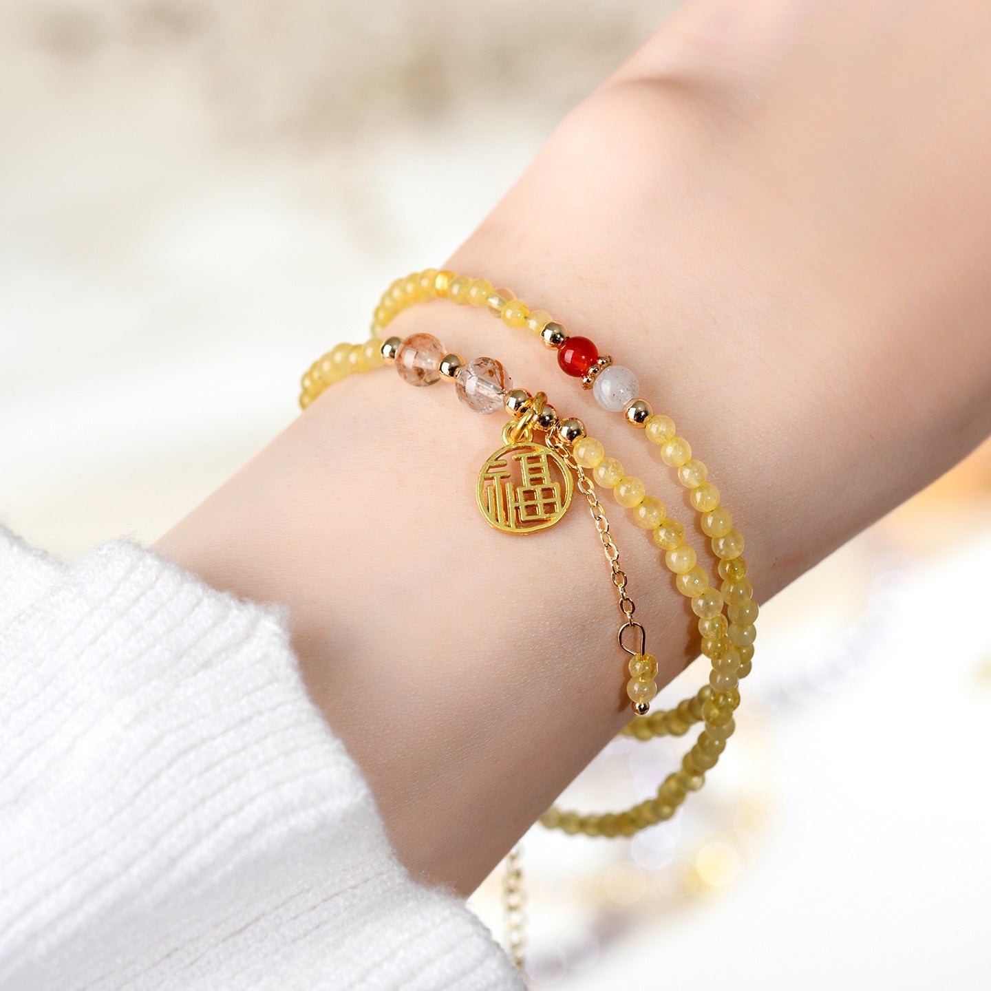 Natural Golden Rutilated Quartz Double Circle Bracelet | Wealth Attraction & Adjustable Mystical Design