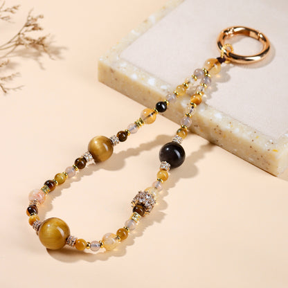 Natural Crystal Tower Keychain with Tiger Eye and Gray Agate - Wealth Protection and Good Luck Charm
