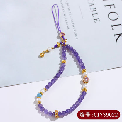 Natural Amethyst Pearl Phone Chain - Chinese Style Feng Shui Pendant for Protection and Luck