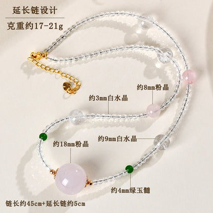 Natural White & Pink Crystal Round Bead Pendant Necklace | Spiritual Elegance & Protection