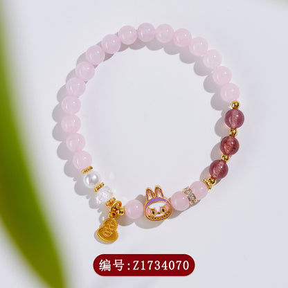 Natural Rose Strawberry Quartz LABUBU Charm Bracelet for Love and Harmony