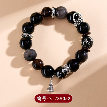 Natural Silver Obsidian Cloisonné Enamel Large Bead Bracelet for Men - Protection & Fortune