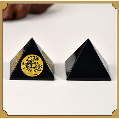 Natural Obsidian Pyramid with Four Divine Beasts - Feng Shui Home Ornament for Protection and Harmony