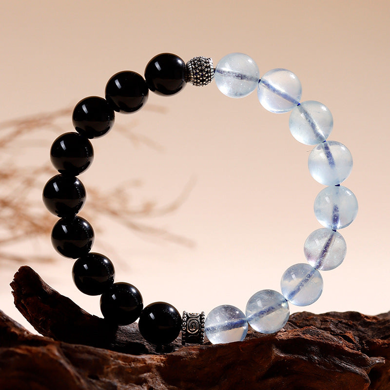 Natural Obsidian Aquamarine Crystal Bracelet - Couple Spiritual Harmony & Protection