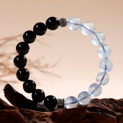Natural Obsidian Aquamarine Crystal Bracelet - Couple Spiritual Harmony & Protection