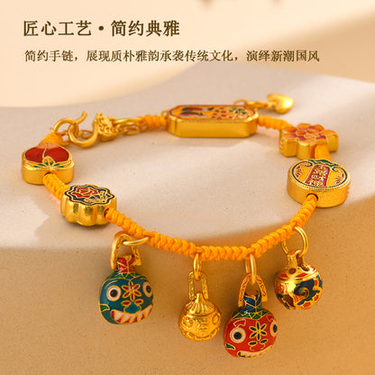 Gold-Plated Blue Enamel Gold-Swallowing Beast Family of Three Five-Way God of Wealth Hand-Woven Bracelet