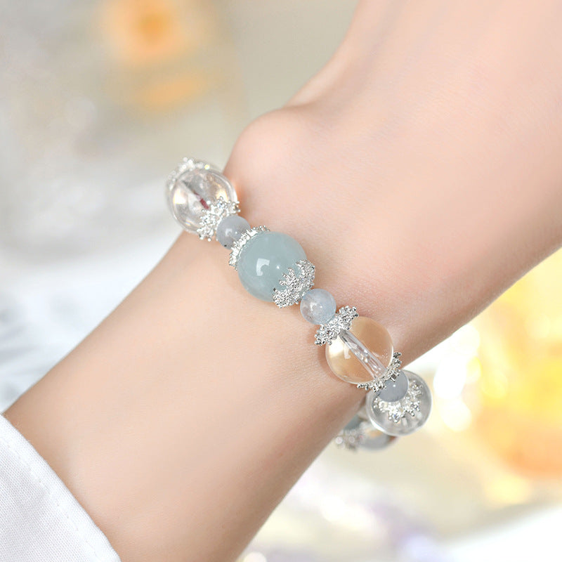 Natural White Crystal Aquamarine Bracelet - Elegant Women's Spiritual Jewelry for Peace and Prosperity
