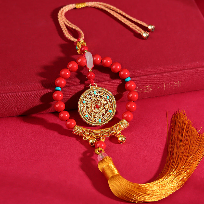 Imperial Red Cinnabar Five Blessings Compass Car Hanging – Natural Mineral Talisman for Safe Travels