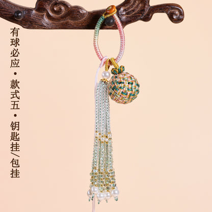 Handwoven Crystal Ball Keychain | Lucky Charm Bag Hanger with Beaded Tassel