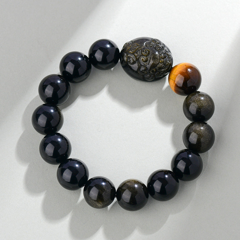Natural Rainbow Eye Obsidian Pixiu Bracelet - Wealth and Protection Talisman for Couples