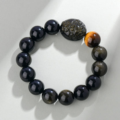 Natural Rainbow Eye Obsidian Pixiu Bracelet - Wealth and Protection Talisman for Couples