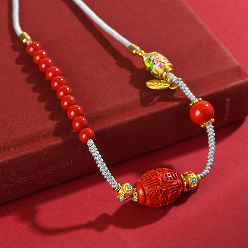 Natural Cinnabar Fortune Character Drum Bead Pendant Necklace | Vintage Style Luck Attraction