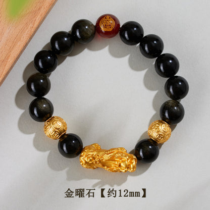 Natural Obsidian Gold Pixiu Zodiac Buddha Bracelet for Wealth Protection and Spiritual Harmony