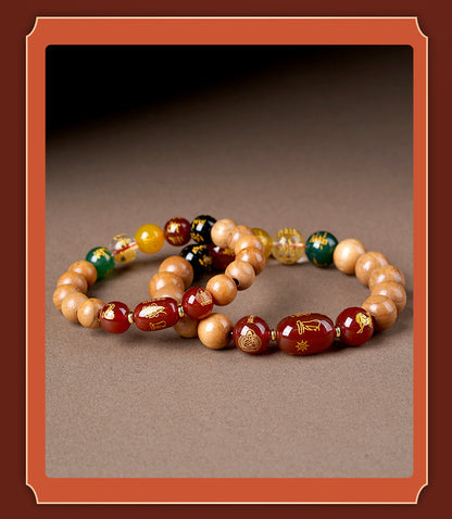 Natural Peach Wood Agate Five-Way Wealth God Fortune Bracelet for Zodiac Birth Year