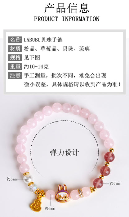 Natural Rose Strawberry Quartz LABUBU Charm Bracelet for Love and Harmony