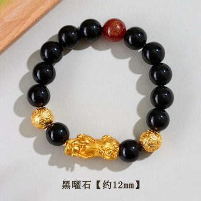 Natural Obsidian Gold Pixiu Zodiac Buddha Bracelet for Wealth Protection and Spiritual Harmony