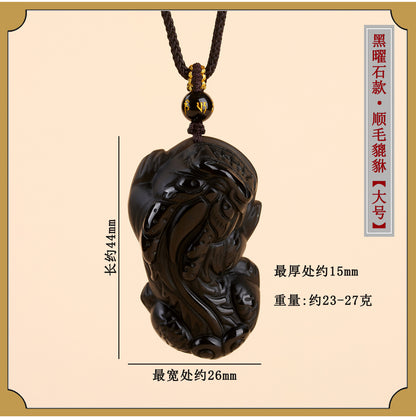 Natural Obsidian Pixiu Pendant Necklace | Chinese Style Unisex Wealth Talisman