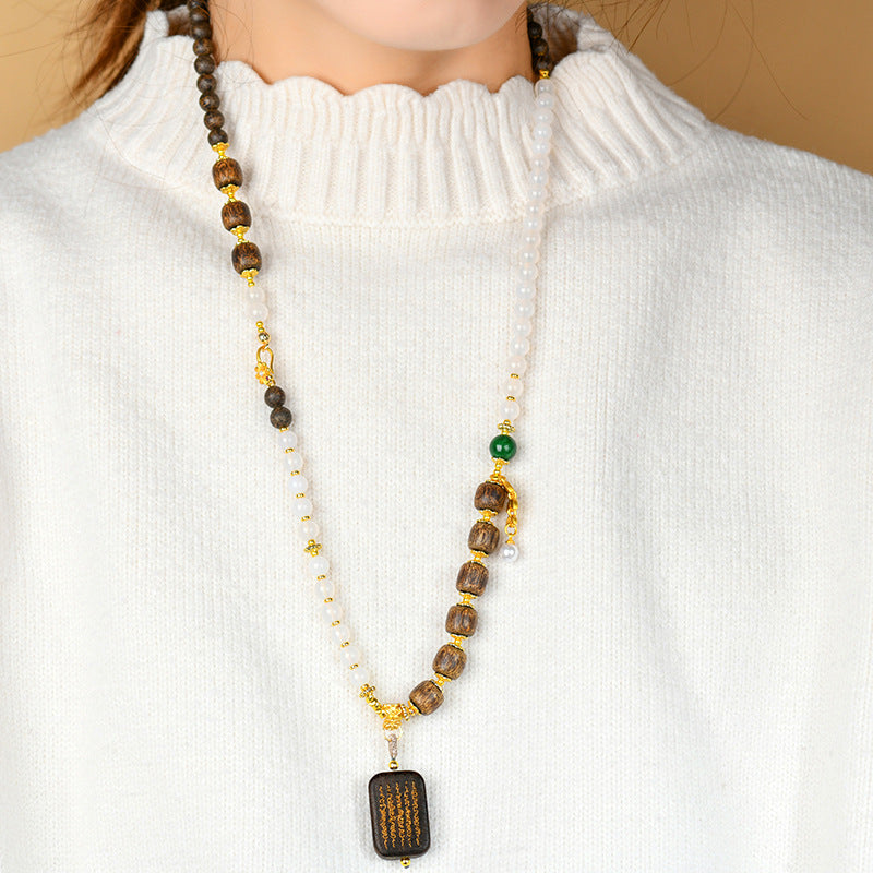 Sacred Agarwood White Agate Necklace with Five Sutra Pendant - Spiritual Protection Beads
