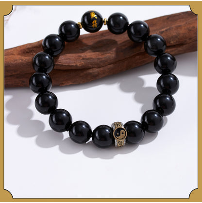 Natural Obsidian Nine-Character Mantra Bagua Bracelet - Zodiac Year Guardian & Couple Harmony