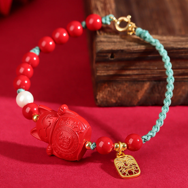 Natural Cinnabar Lucky Cat Hand-Woven Bracelet | Wealth and Fortune Talisman