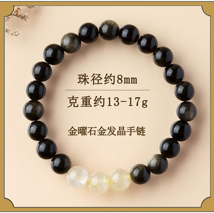 Natural Obsidian Crystal Bracelet with Golden Rutilated Quartz & Gemstones | Spiritual Protection & Wealth Attraction