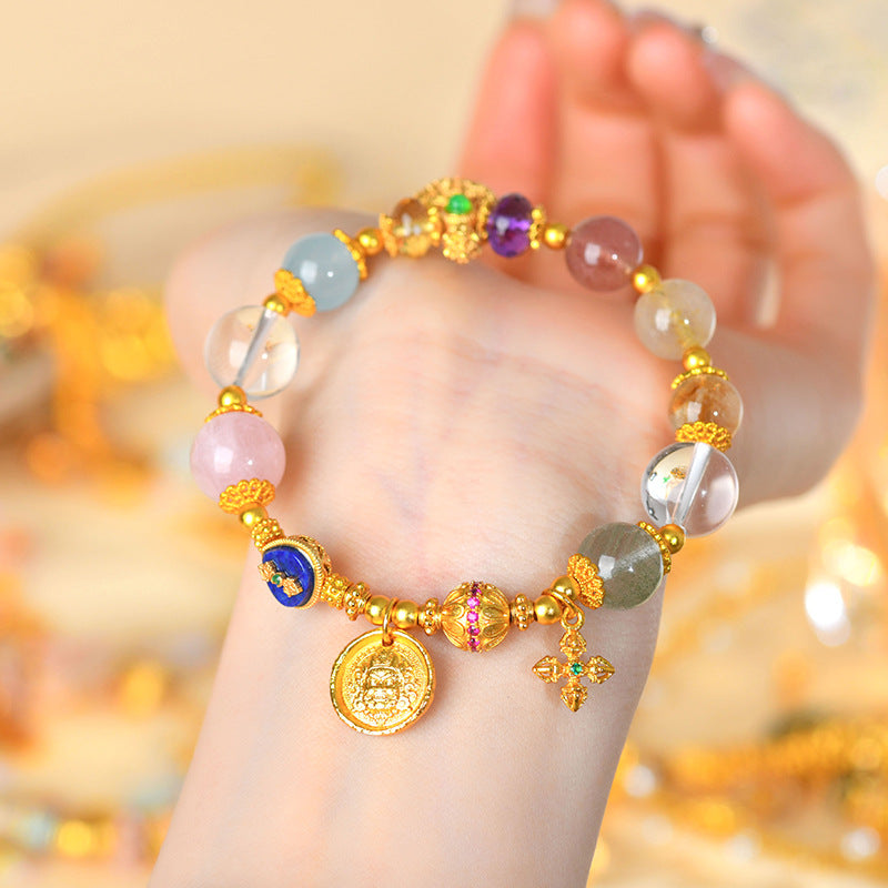 Golden Ancient Method Sand Gold Wealth God Crystal Multi-Treasure Bracelet | Feng Shui Prosperity Talisman