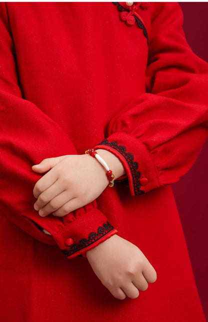 Black Dog Tooth Cinnabar Zodiac Bracelet with Peach Wood Red String for Infant Protection