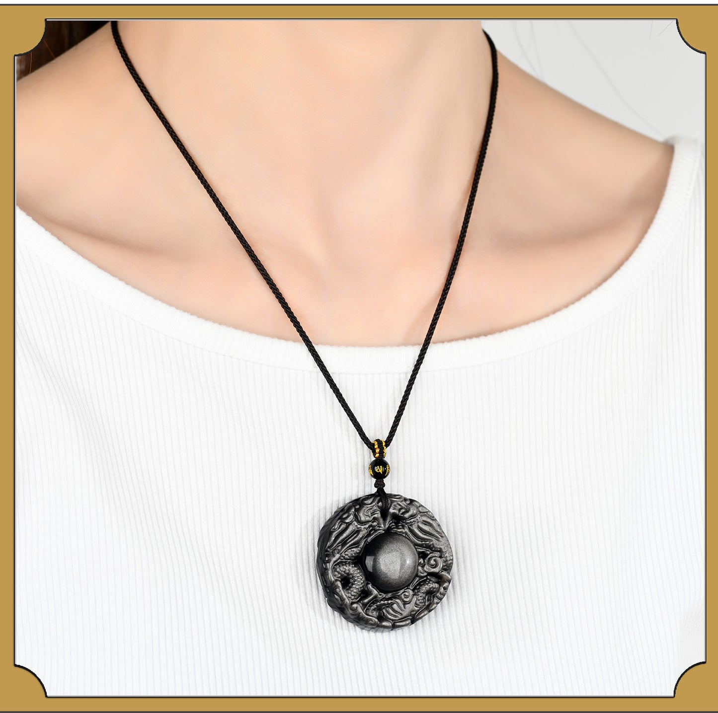Natural Obsidian Double Dragon Guardian Pendant for Zodiac Year Protection and Good Fortune