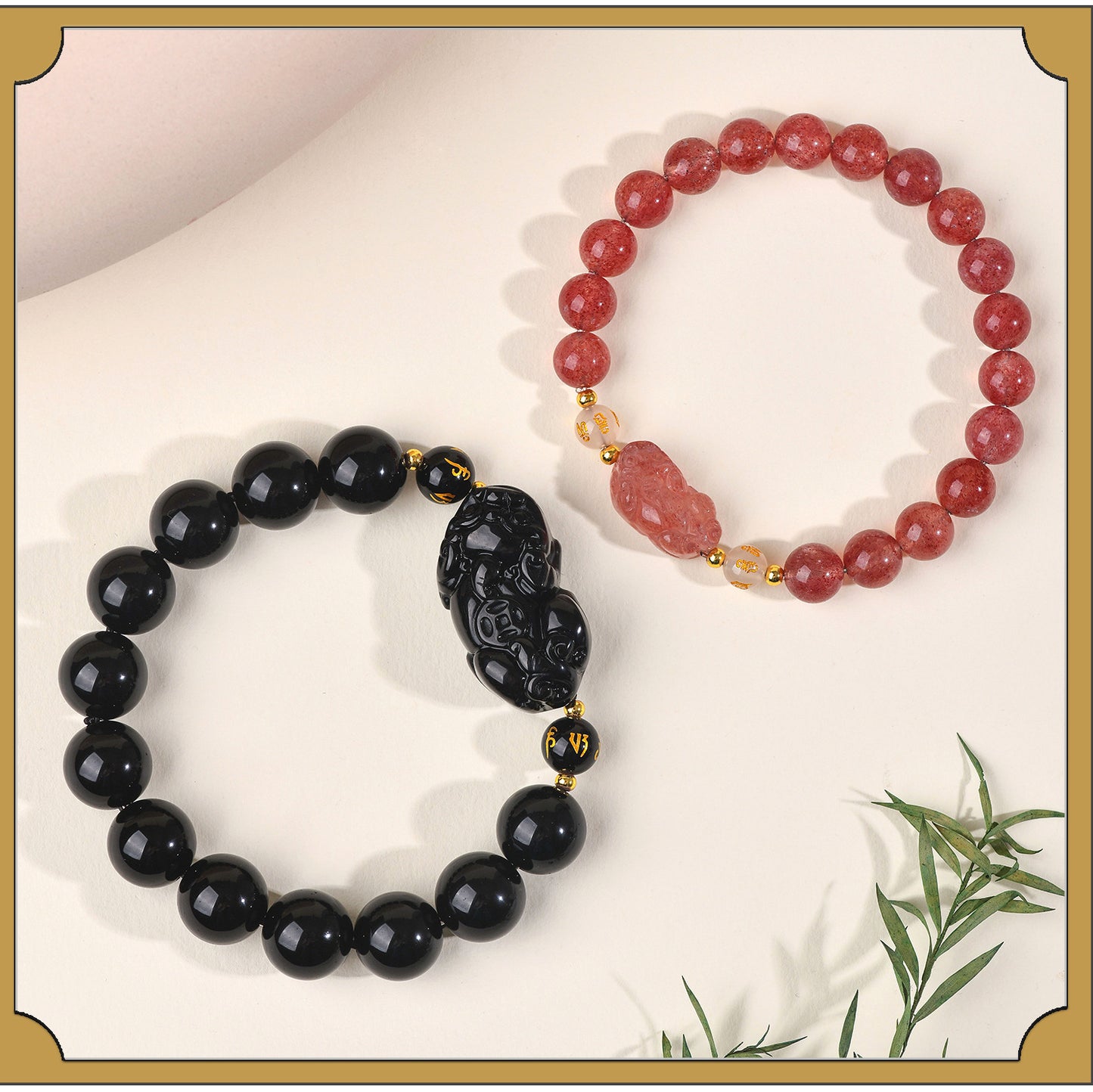 Natural Strawberry Quartz Obsidian Couple Pixiu Bracelet - Wealth and Love Talisman