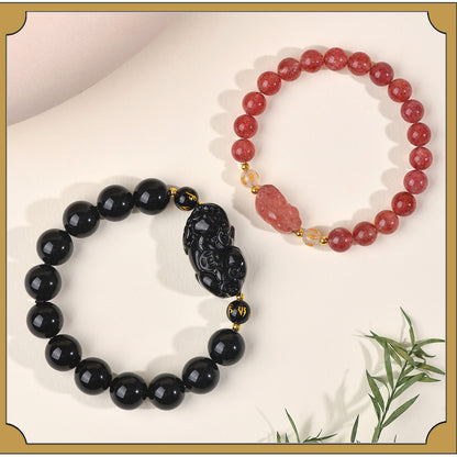 Natural Strawberry Quartz Obsidian Couple Pixiu Bracelet - Wealth and Love Talisman