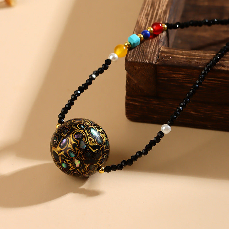 Mother-of-Pearl Lacquer Bead Black Spinel Collarbone Necklace | Intangible Heritage Craft Elegance