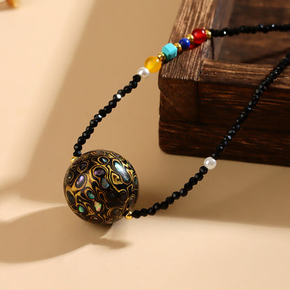 Mother-of-Pearl Lacquer Bead Black Spinel Collarbone Necklace | Intangible Heritage Craft Elegance