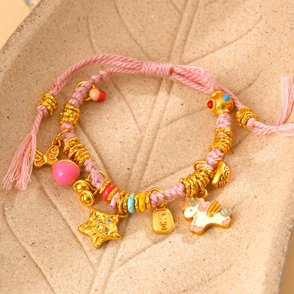 Golden Hammered Star Unicorn Coiled Braided Bracelet with Pink Tibetan Style