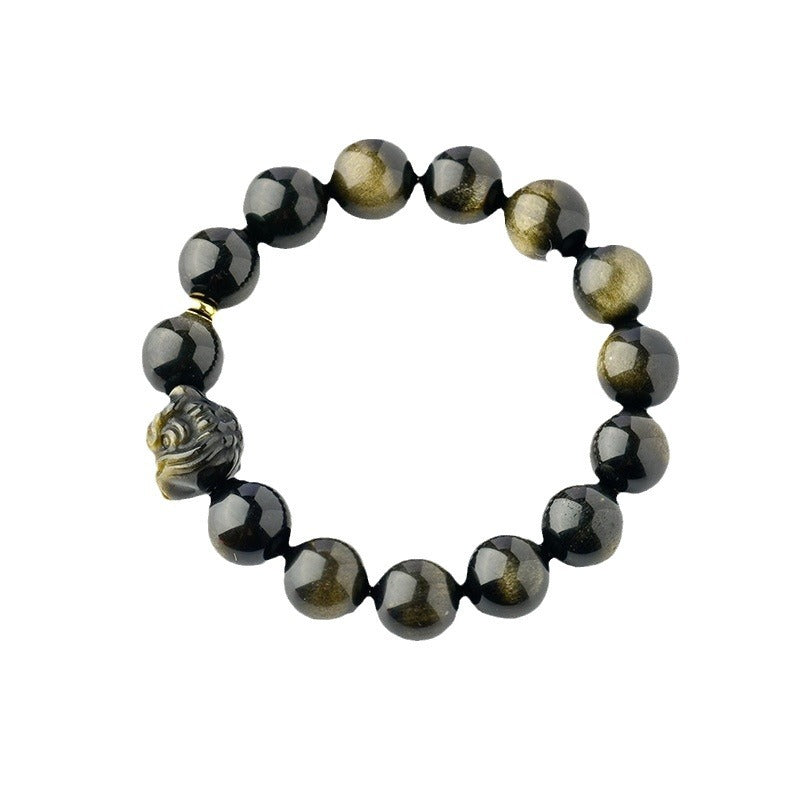 Golden Obsidian Double Color Eye Bracelet with Awakening Lion - Chinese Style Spiritual Protection Jewelry