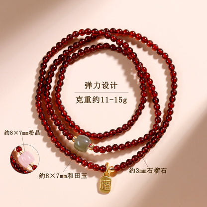 Natural Crystal Garnet Rose Quartz Hetian Jade Three-Circle Bracelet | Wealth Love Protection Talisman