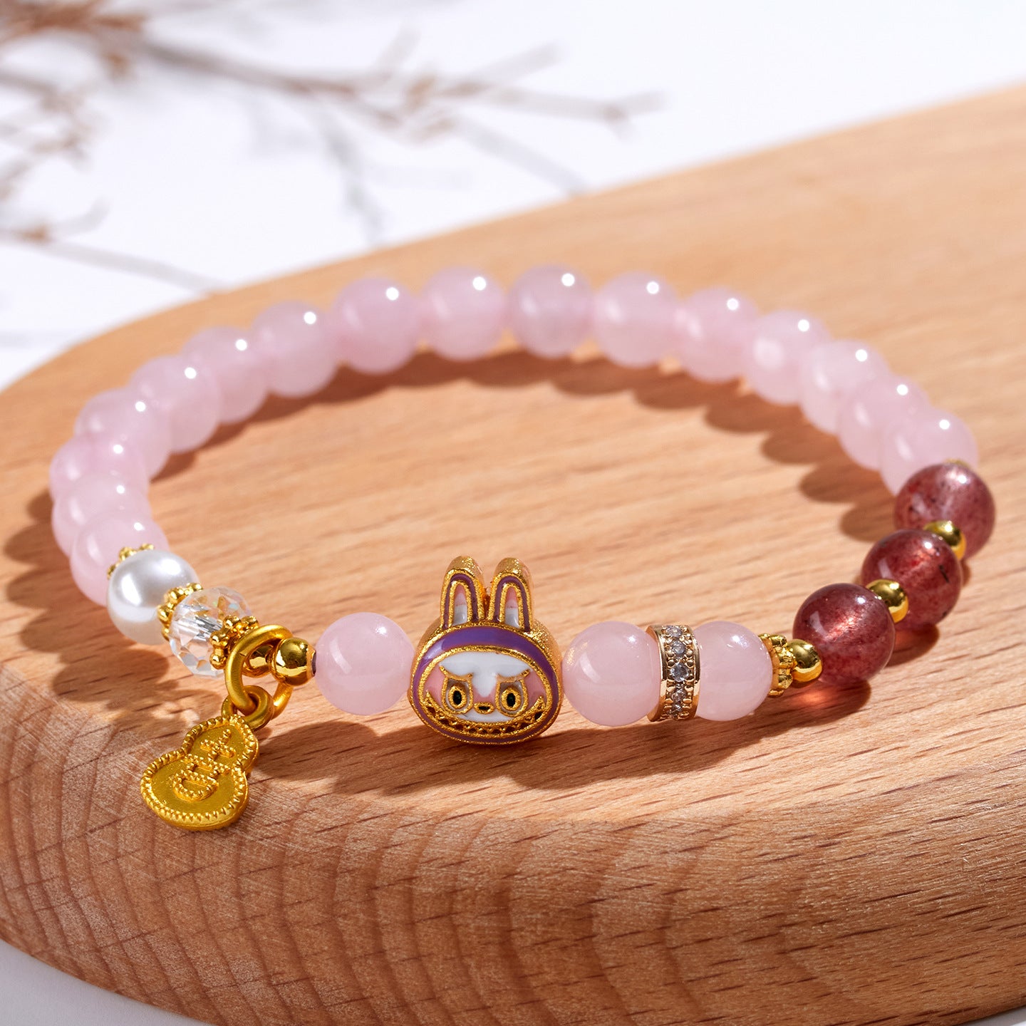 Natural Rose Strawberry Quartz LABUBU Charm Bracelet for Love and Harmony