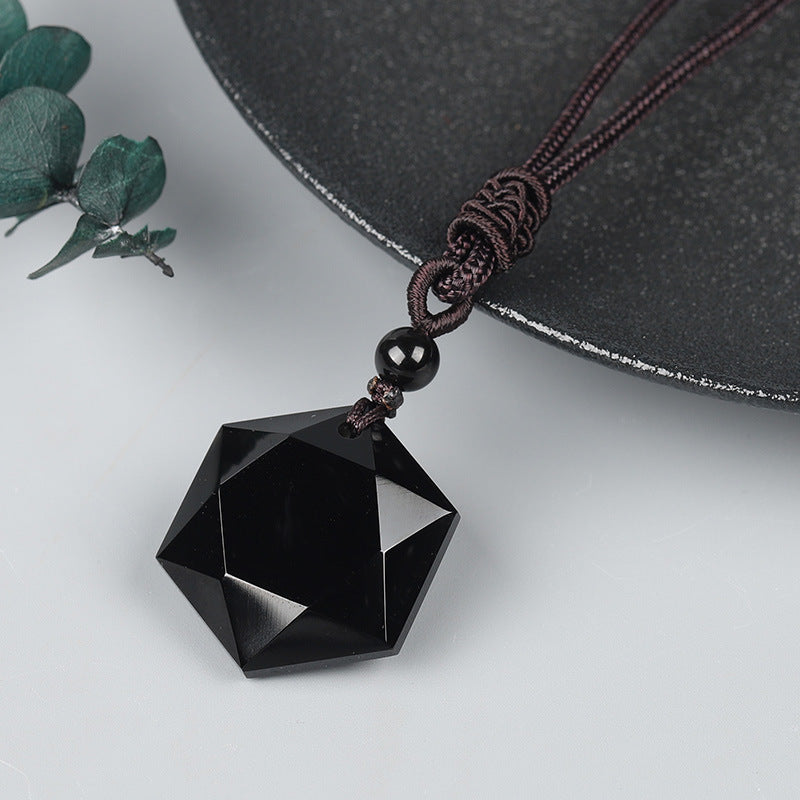 Natural Obsidian Hexagram Pendant - Spiritual Protection Amulet for Men & Women