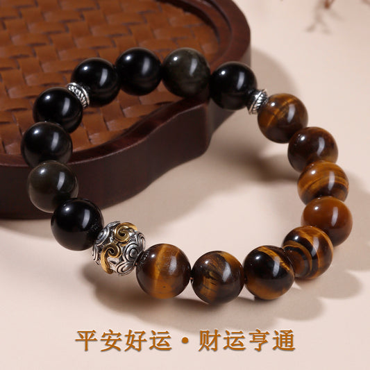 Natural Gold Obsidian & Tiger Eye Bracelet | Wealth Protection Couple's Energy Stone Jewelry