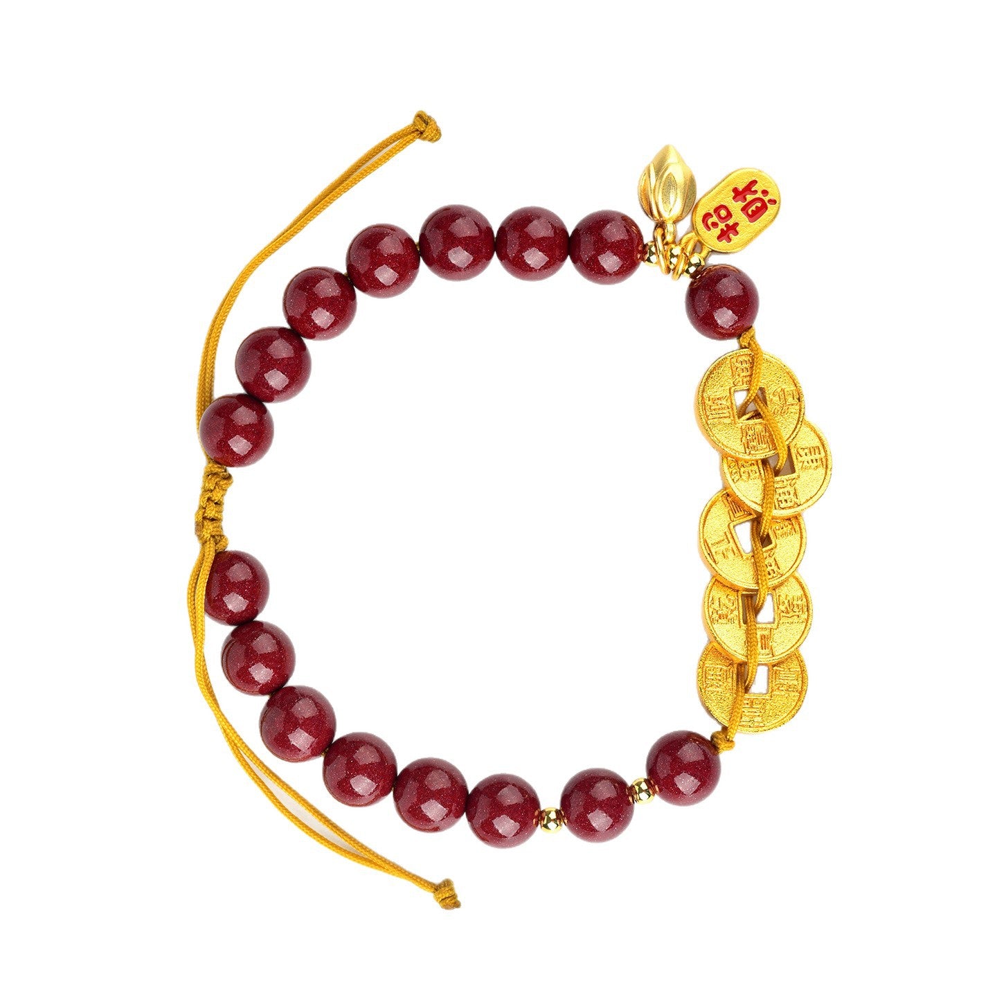 Natural Purple Gold Cinnabar Five Emperors Coin Braided Bracelet - Chinese Spiritual Protection Jewelry
