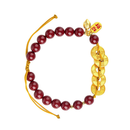 Natural Purple Gold Cinnabar Five Emperors Coin Braided Bracelet - Chinese Spiritual Protection Jewelry